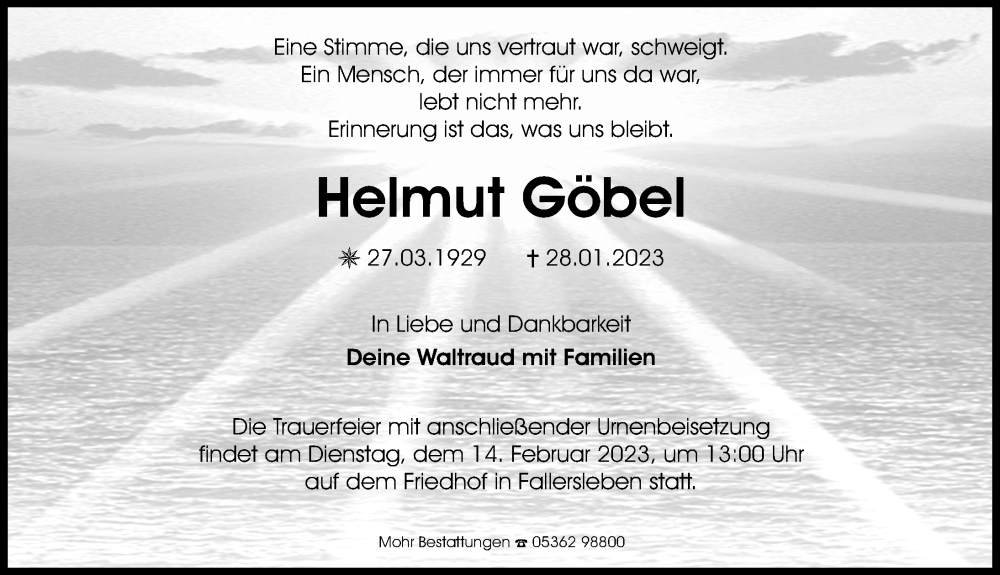  Traueranzeige für Helmut Göbel vom 04.02.2023 aus Aller Zeitung