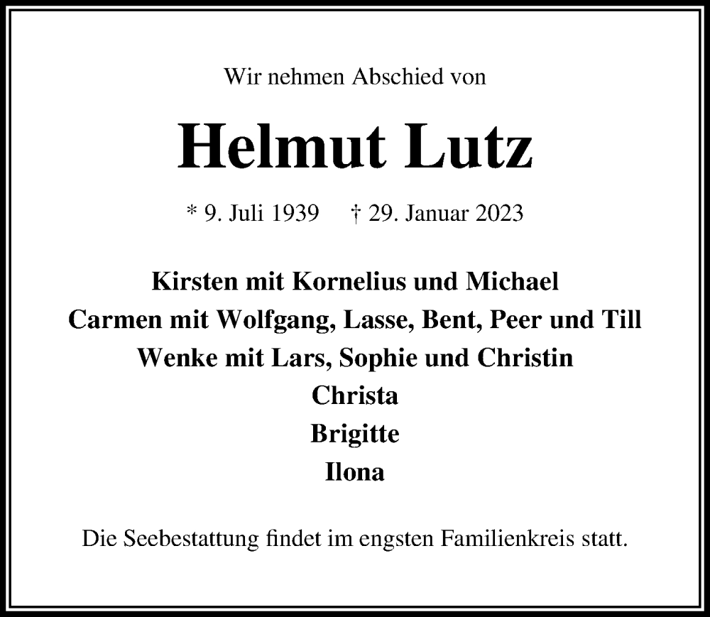  Traueranzeige für Helmut Lutz vom 05.02.2023 aus Lübecker Nachrichten
