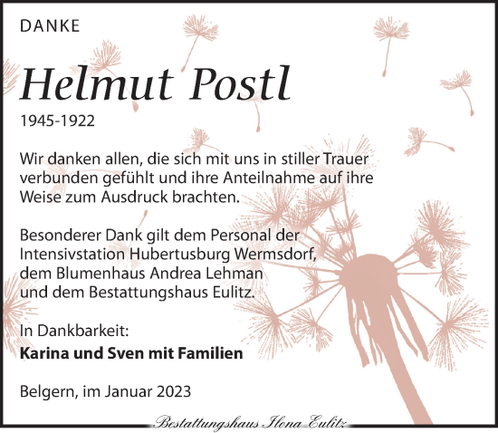 Traueranzeige von Helmut Postl von Torgauer Zeitung