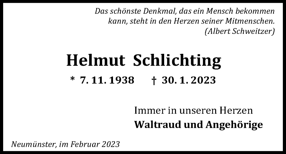  Traueranzeige für Helmut Schlichting vom 04.02.2023 aus Kieler Nachrichten