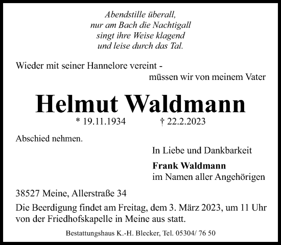 Traueranzeige von Helmut Waldmann von Aller Zeitung