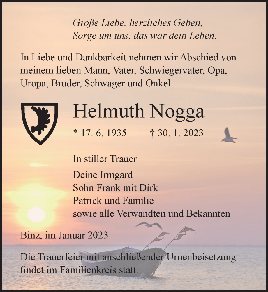  Traueranzeige für Helmuth Nogga vom 04.02.2023 aus Ostsee-Zeitung GmbH