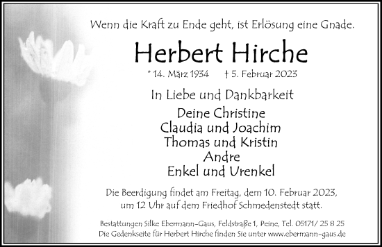 Traueranzeige von Herbert Hirche von Peiner Allgemeine Zeitung