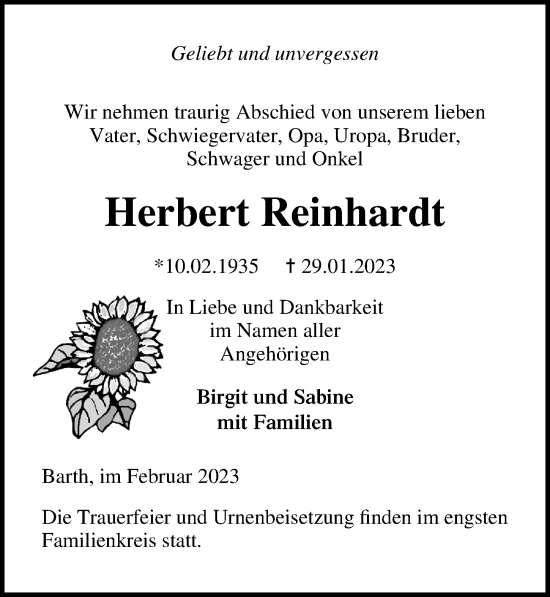 Traueranzeige von Herbert Reinhardt von Ostsee-Zeitung GmbH