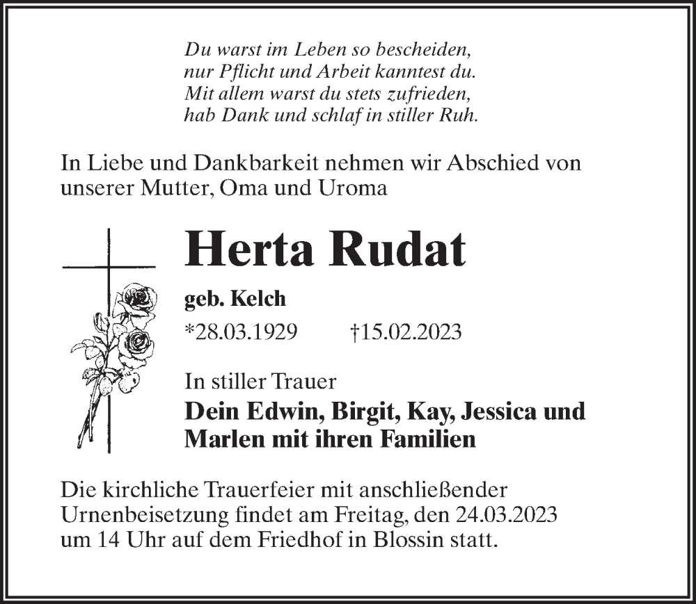  Traueranzeige für Herta Rudat vom 25.02.2023 aus Märkischen Allgemeine Zeitung