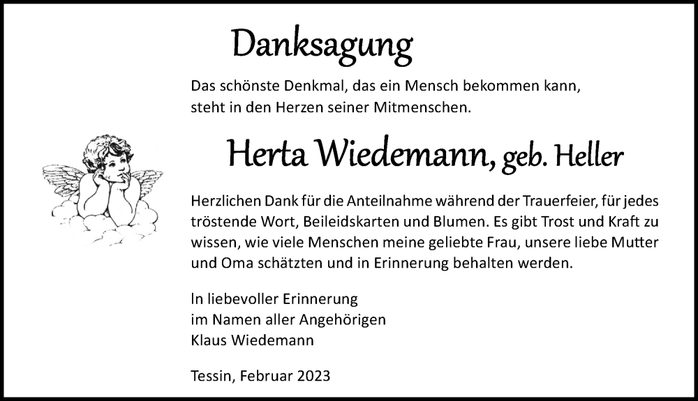  Traueranzeige für Herta Wiedemann vom 25.02.2023 aus Ostsee-Zeitung GmbH
