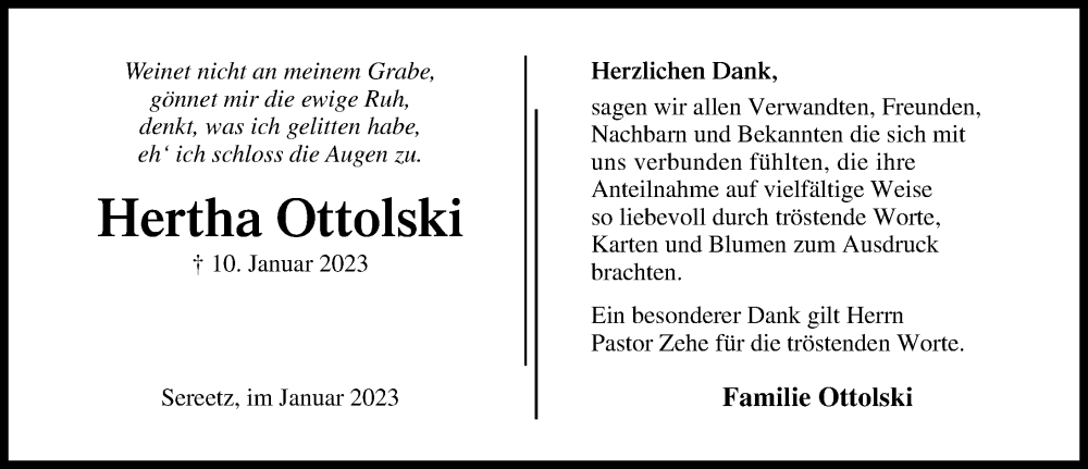  Traueranzeige für Hertha Ottolski vom 05.02.2023 aus Lübecker Nachrichten