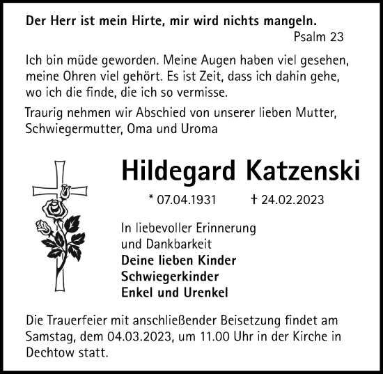 Traueranzeige von Hildegard Katzenski von Märkischen Allgemeine Zeitung