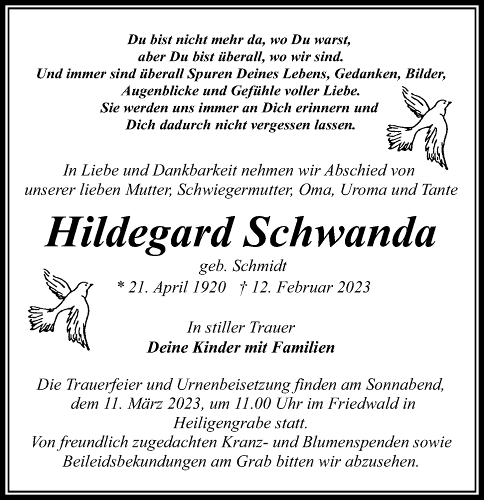  Traueranzeige für Hildegard Schwanda vom 18.02.2023 aus Märkischen Allgemeine Zeitung