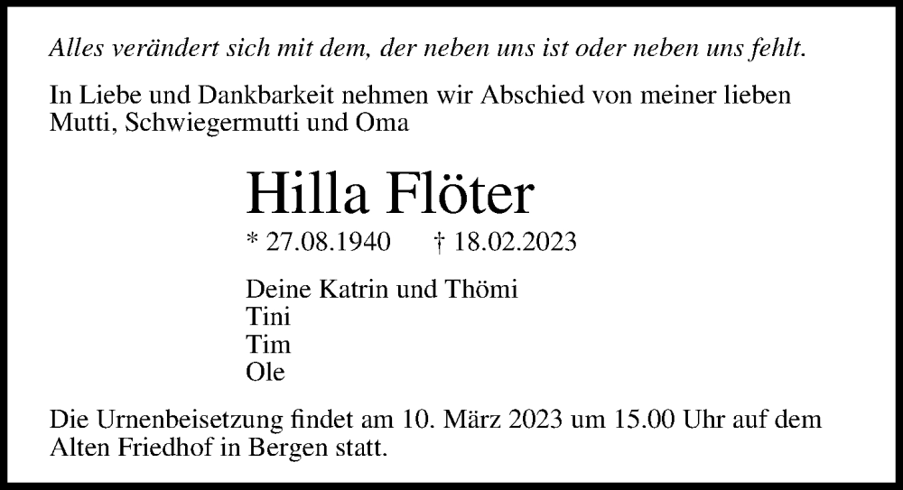  Traueranzeige für Hilla Flöter vom 25.02.2023 aus Ostsee-Zeitung GmbH