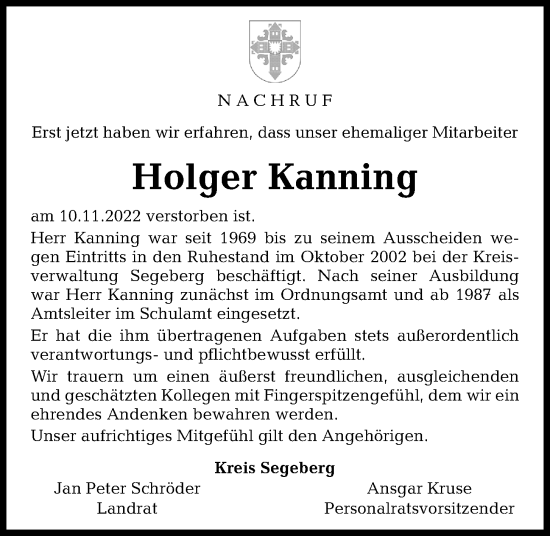 Traueranzeige von Holger Kanning von Kieler Nachrichten