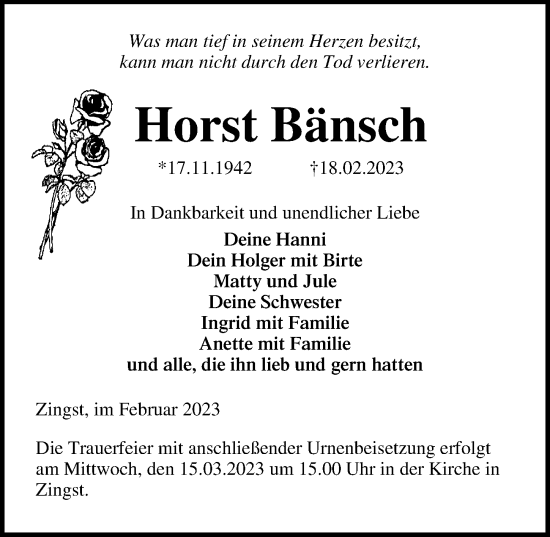 Traueranzeige von Horst Bänsch von Ostsee-Zeitung GmbH