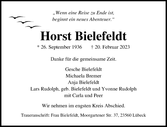 Traueranzeige von Horst Bielefeldt von Lübecker Nachrichten