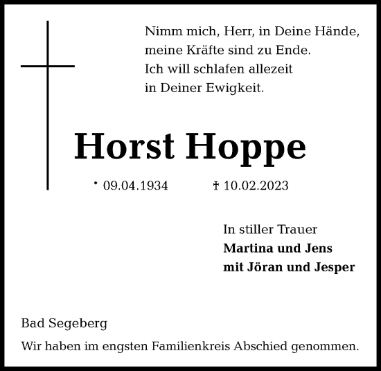 Traueranzeige von Horst Hoppe von Kieler Nachrichten