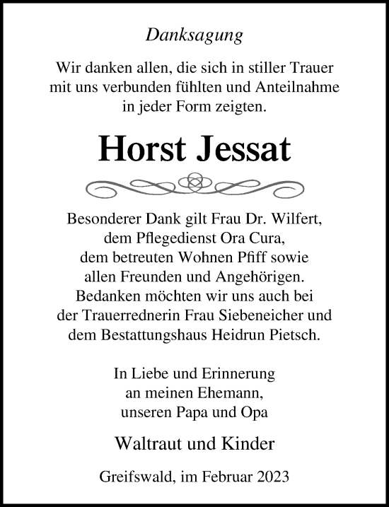 Traueranzeige von Horst Jessat von Ostsee-Zeitung GmbH