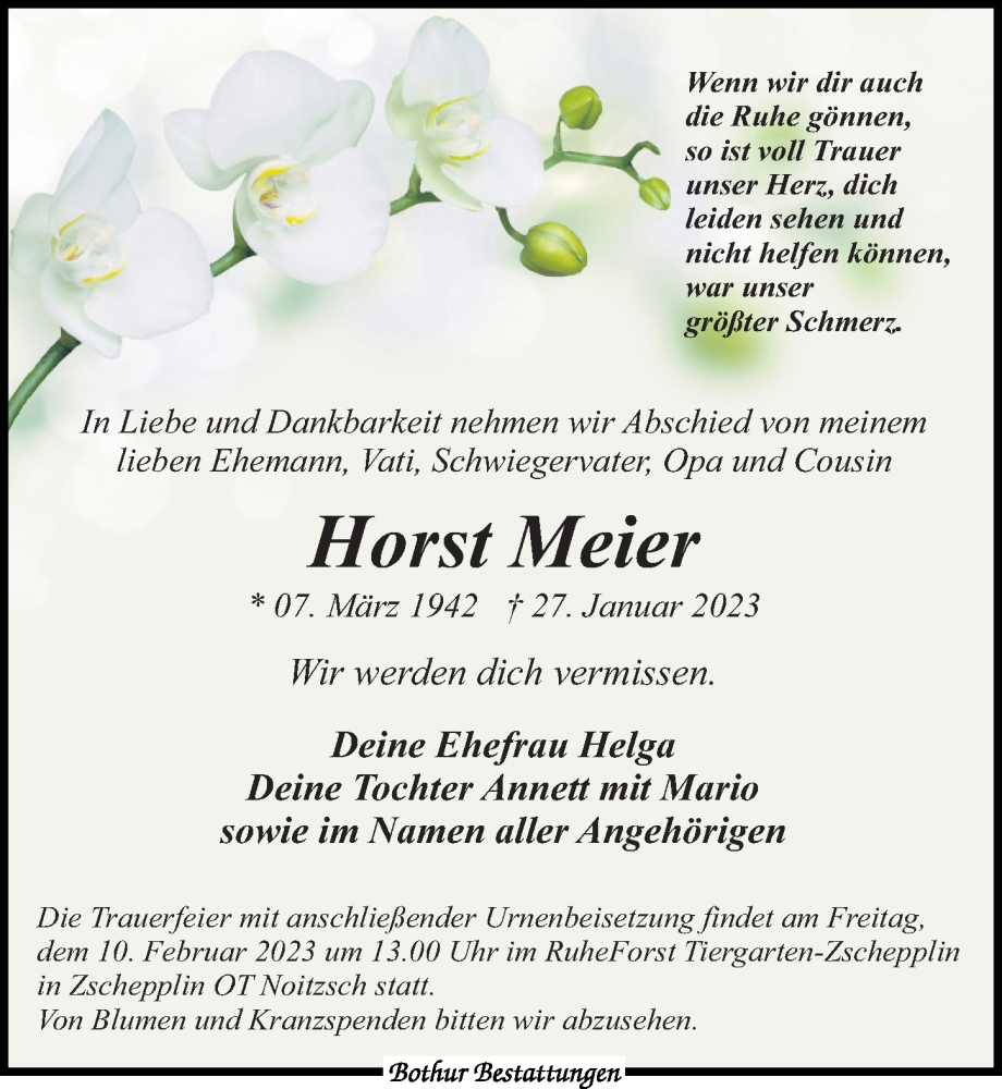  Traueranzeige für Horst Meier vom 04.02.2023 aus Leipziger Volkszeitung