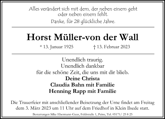 Traueranzeige von Horst Müller-von der Wall von Peiner Allgemeine Zeitung