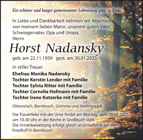Traueranzeige von Horst Nadansky von Leipziger Volkszeitung