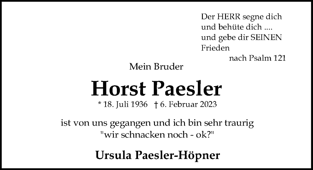  Traueranzeige für Horst Paesler vom 19.02.2023 aus Lübecker Nachrichten