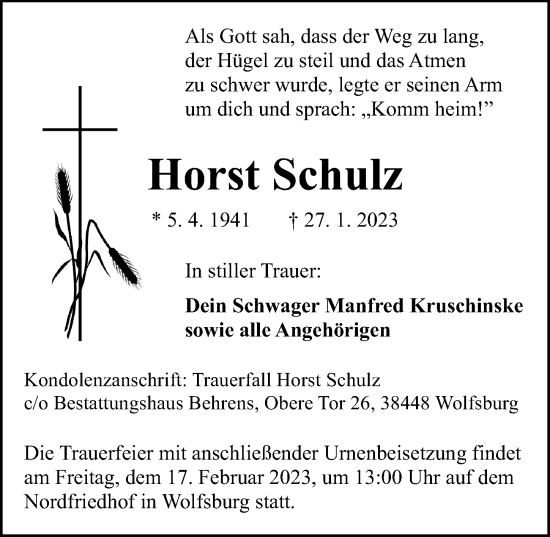 Traueranzeige von Horst Schulz von Aller Zeitung