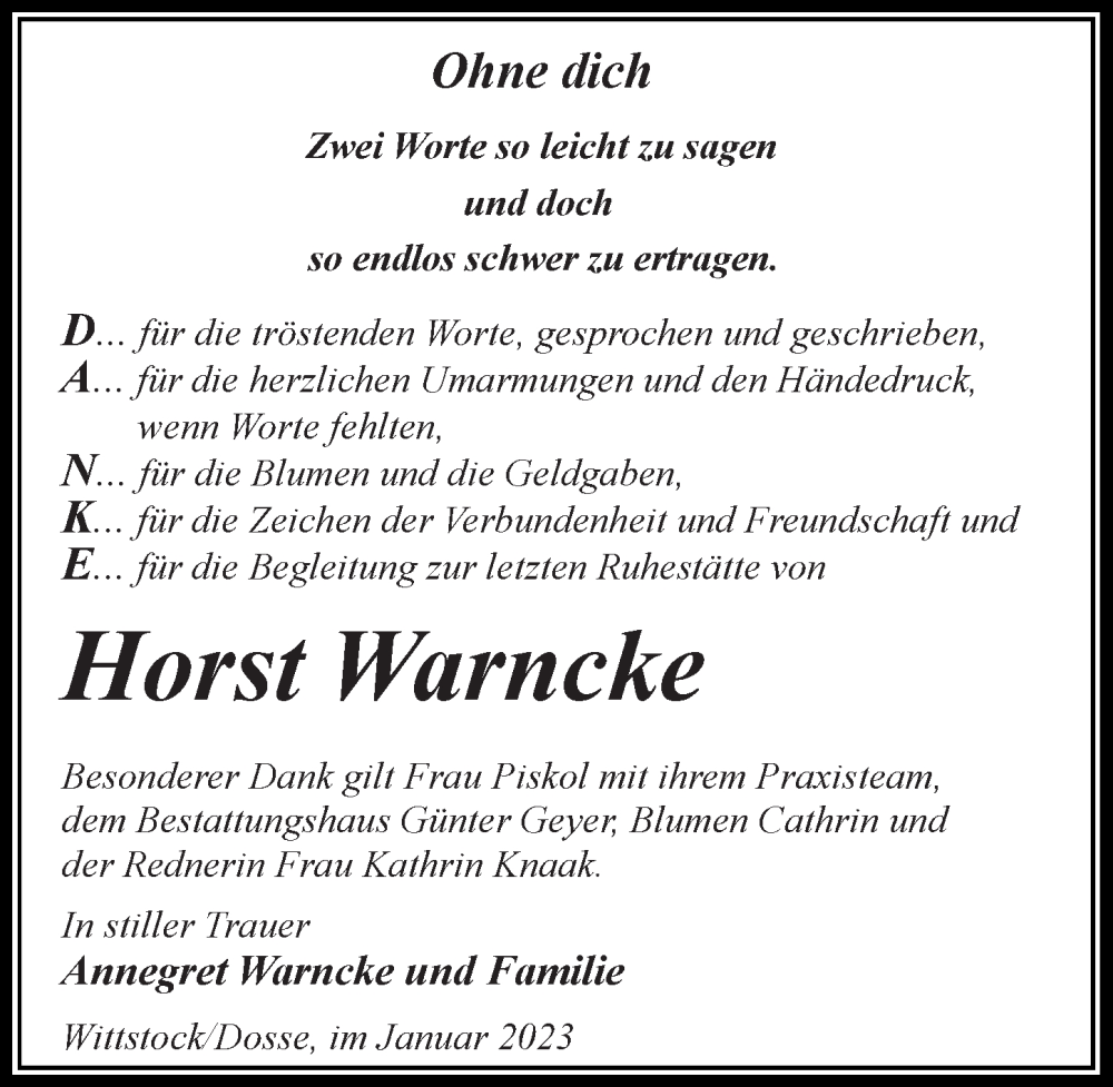  Traueranzeige für Horst Warncke vom 04.02.2023 aus Märkischen Allgemeine Zeitung