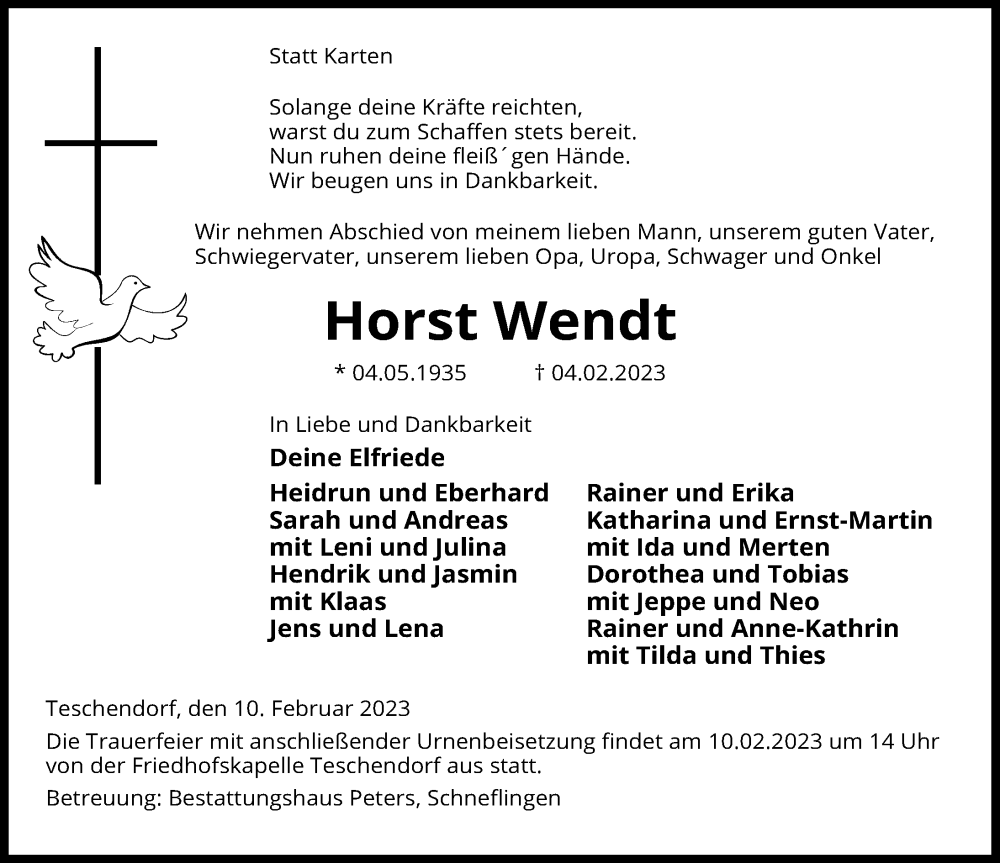  Traueranzeige für Horst Wendt vom 07.02.2023 aus Aller Zeitung