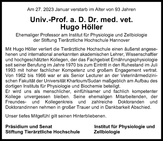 Traueranzeige von Hugo Höller von Hannoversche Allgemeine Zeitung/Neue Presse