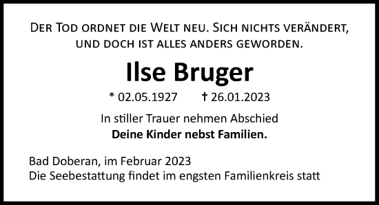Traueranzeige von Ilse Bruger von Ostsee-Zeitung GmbH