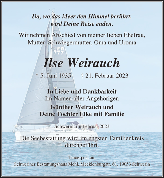 Traueranzeige von Ilse Weirauch von Ostsee-Zeitung GmbH