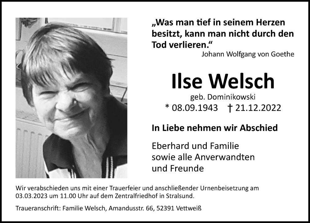  Traueranzeige für Ilse Welsch vom 11.02.2023 aus Ostsee-Zeitung GmbH