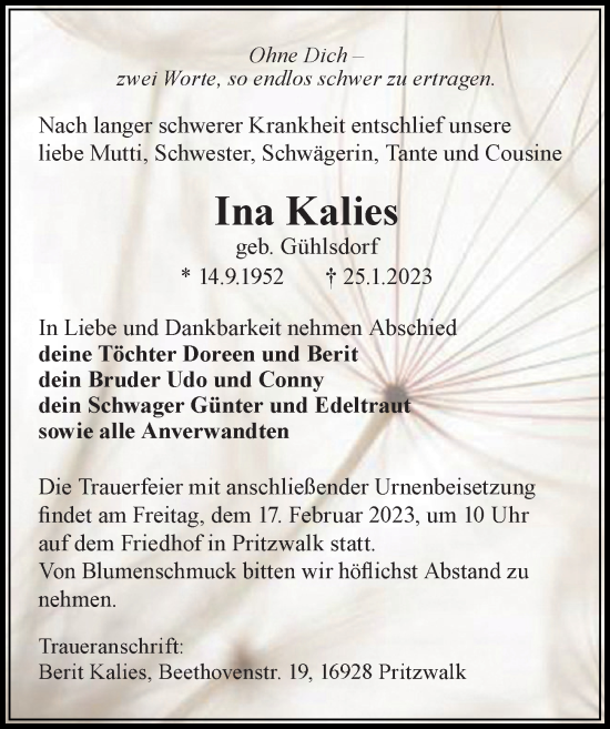 Traueranzeige von Ina Kalies von Märkischen Allgemeine Zeitung