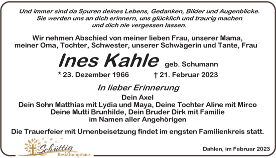 Traueranzeige von Ines Kahle von Leipziger Volkszeitung