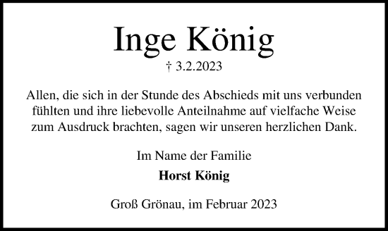 Traueranzeige von Inge König von Lübecker Nachrichten