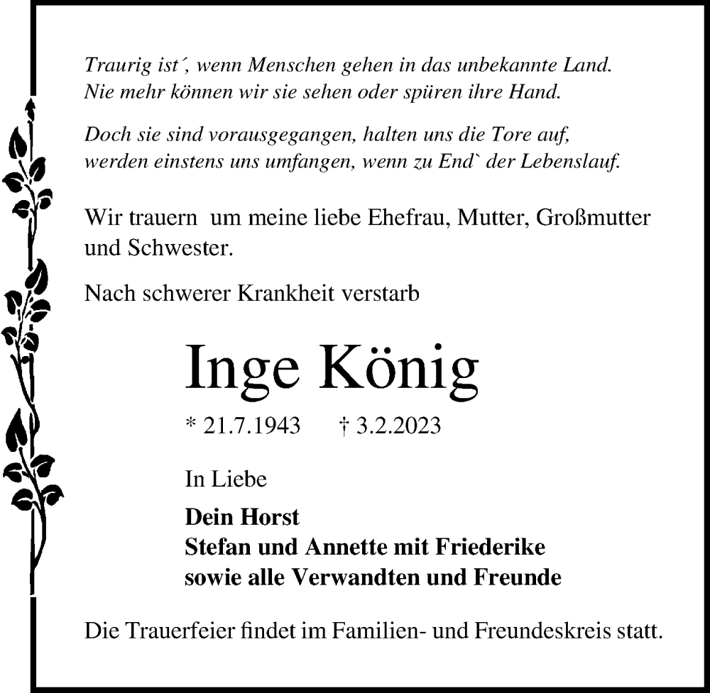  Traueranzeige für Inge König vom 12.02.2023 aus Lübecker Nachrichten