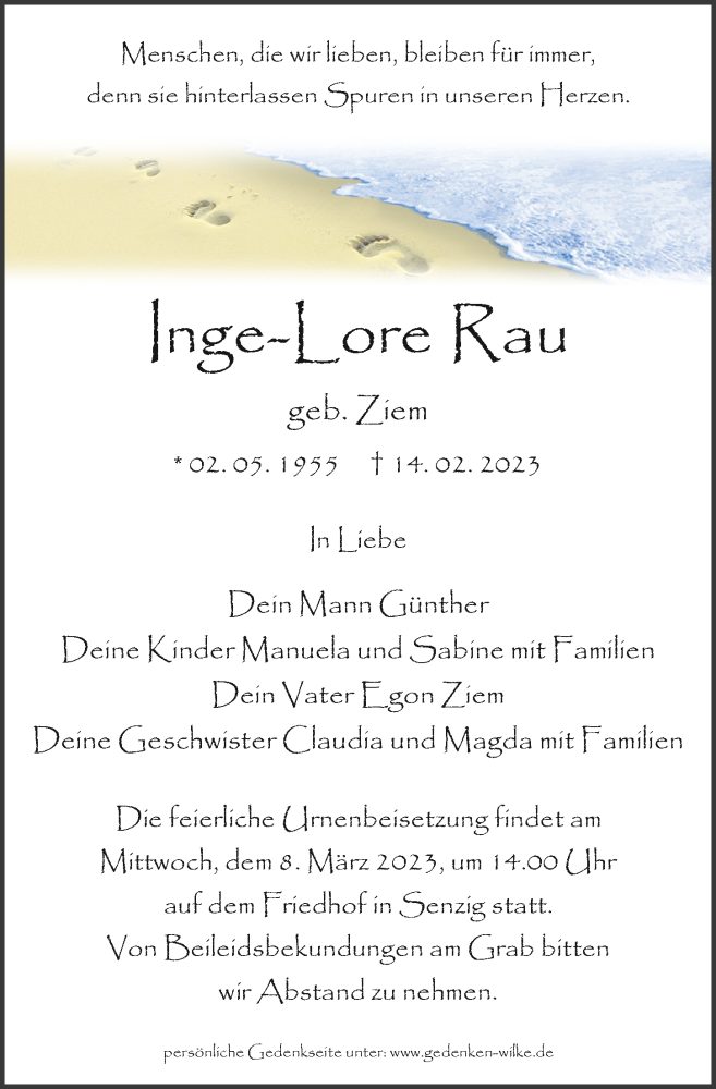  Traueranzeige für Inge-Lore Rau vom 25.02.2023 aus Märkischen Allgemeine Zeitung