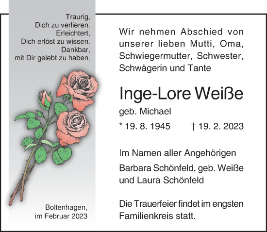 Traueranzeige von Inge-Lore Weiße von Ostsee-Zeitung GmbH