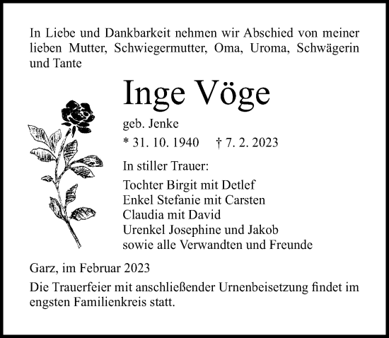 Traueranzeige von Inge Vöge von Ostsee-Zeitung GmbH