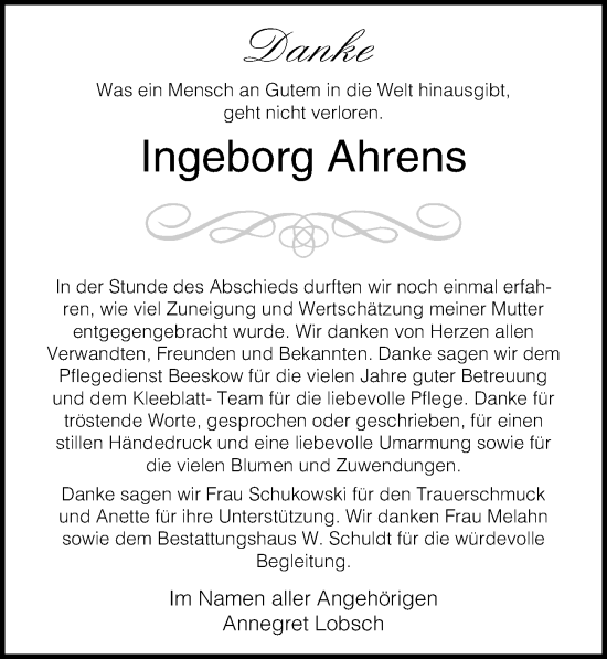 Traueranzeige von Ingeborg Ahrens von Ostsee-Zeitung GmbH
