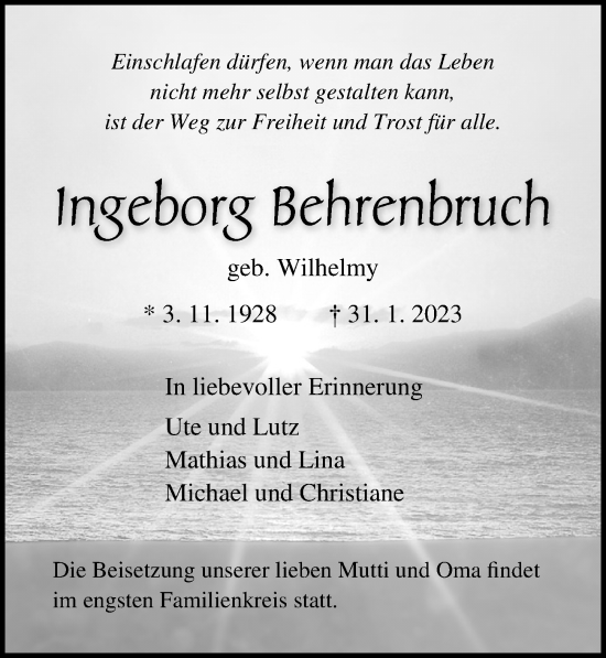 Traueranzeige von Ingeborg Behrenbruch von Ostsee-Zeitung GmbH
