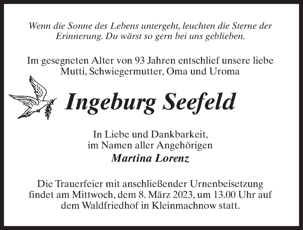 Traueranzeige für Ingeburg Seefeld vom 25.02.2023 aus Märkischen Allgemeine Zeitung