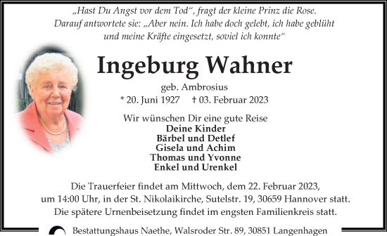 Traueranzeige von Ingeburg Wahner von Hannoversche Allgemeine Zeitung/Neue Presse