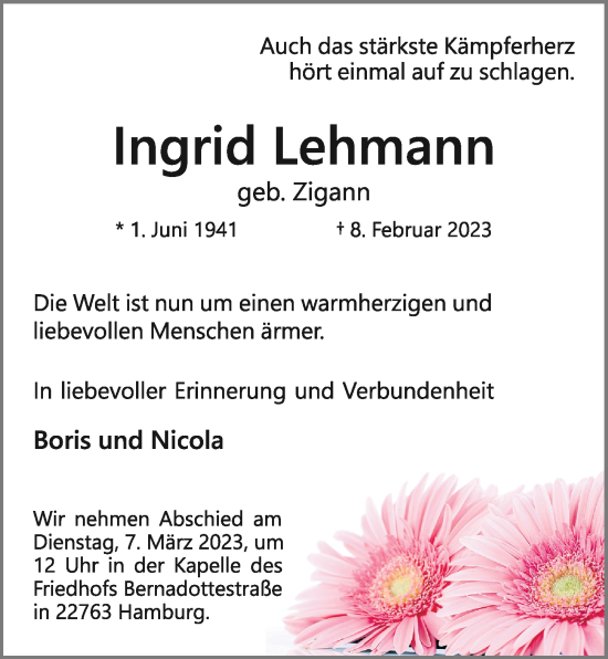 Traueranzeige von Ingrid Lehmann von Kieler Nachrichten