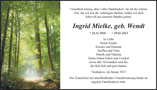 Traueranzeige von Ingrid Mielke von Ostsee-Zeitung GmbH