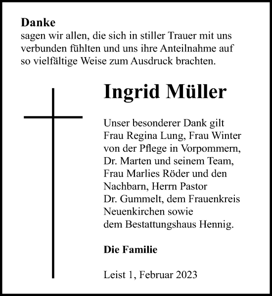 Traueranzeige von Ingrid Müller von Ostsee-Zeitung GmbH