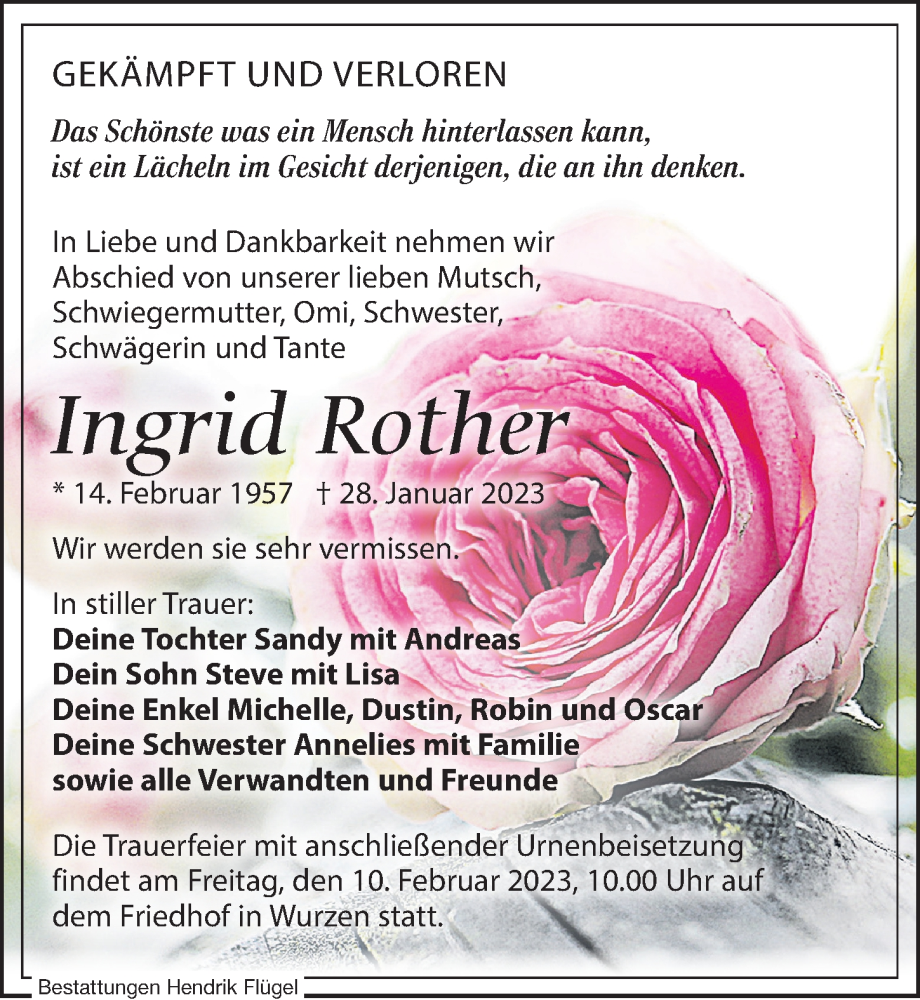  Traueranzeige für Ingrid Rother vom 04.02.2023 aus Leipziger Volkszeitung