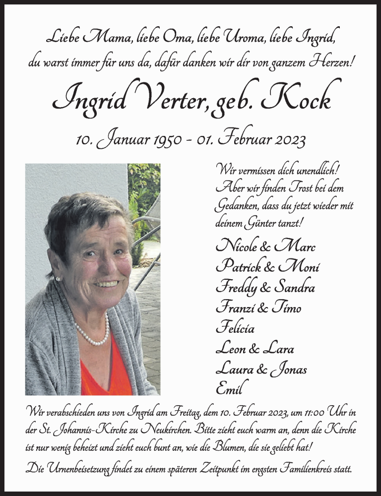  Traueranzeige für Ingrid Verter vom 04.02.2023 aus Kieler Nachrichten