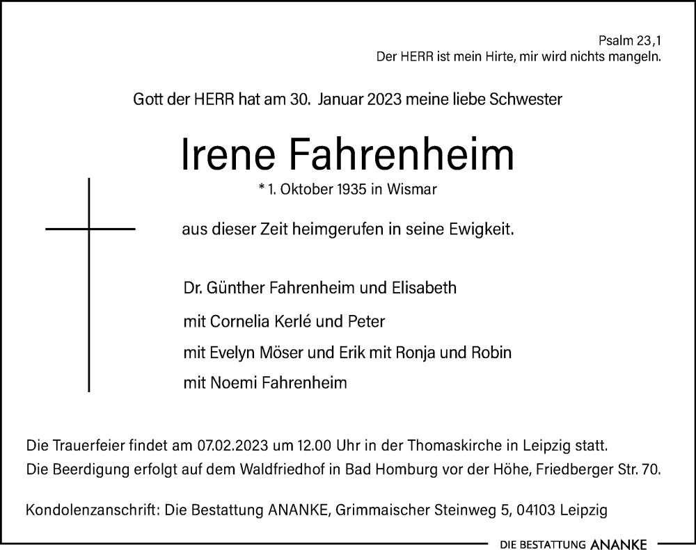  Traueranzeige für Irene Fahrenheim vom 04.02.2023 aus Leipziger Volkszeitung