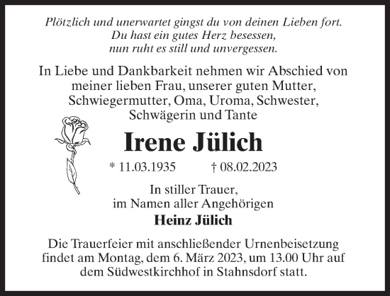 Traueranzeige von Irene Jülich von Märkischen Allgemeine Zeitung