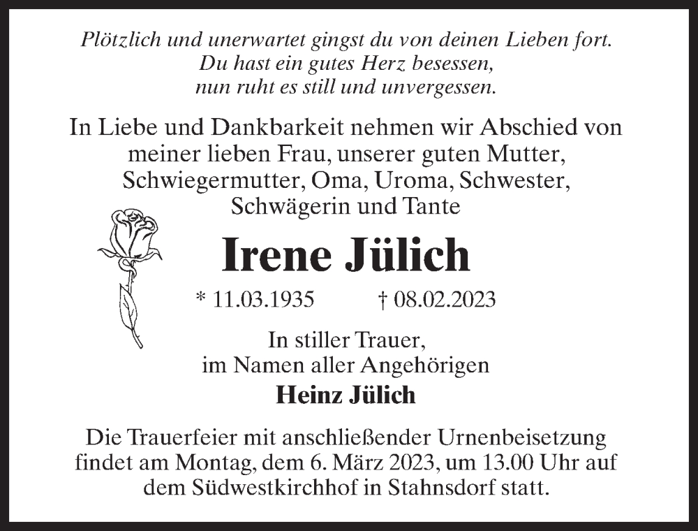  Traueranzeige für Irene Jülich vom 25.02.2023 aus Märkischen Allgemeine Zeitung