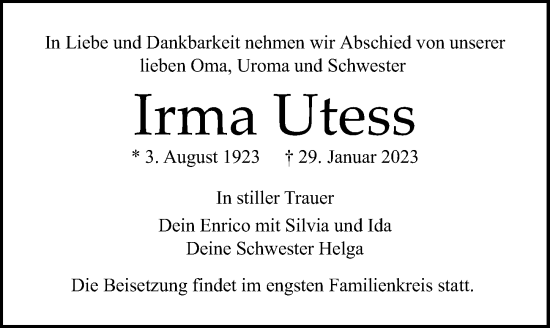 Traueranzeige von Irma Utess von Ostsee-Zeitung GmbH